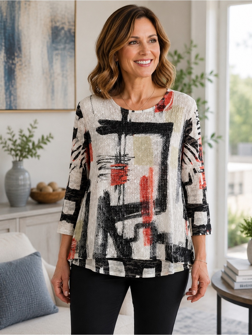 Jess & Jane Abstract Art Lightweight Mesh Tunic Top Size Medium Made in USA